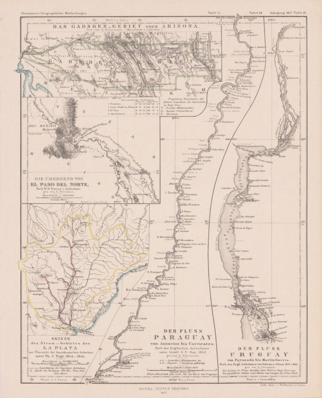 1857 Petermann, A. - Skizze des StromGebietes des La Plata, nach Th. J. Page, 1853-1856. - Der Fluss Paraguay nach Lieutt. G. F. Day, Der Fluss Uruguay Sulivan u. Sidney